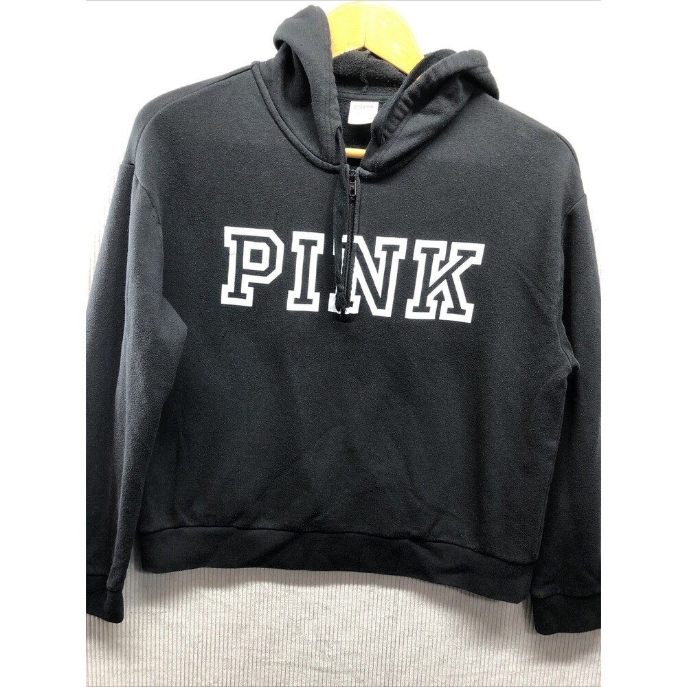 PINK Victoria’s Secret Hoodie Womens M Black 1/4 Zip Drawstring Pullover Y2K Cam